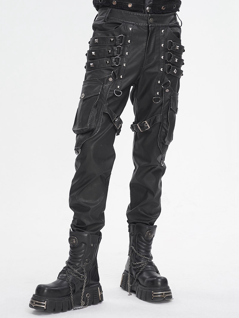 Black and Silver Studded Punk Gothic Leather Fitted Pants for Men