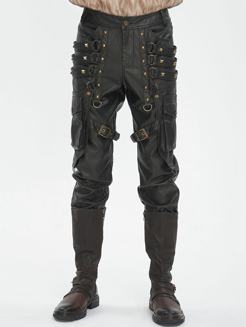 Black and Bronze Studded Punk Gothic Leather Fitted Pants for Men