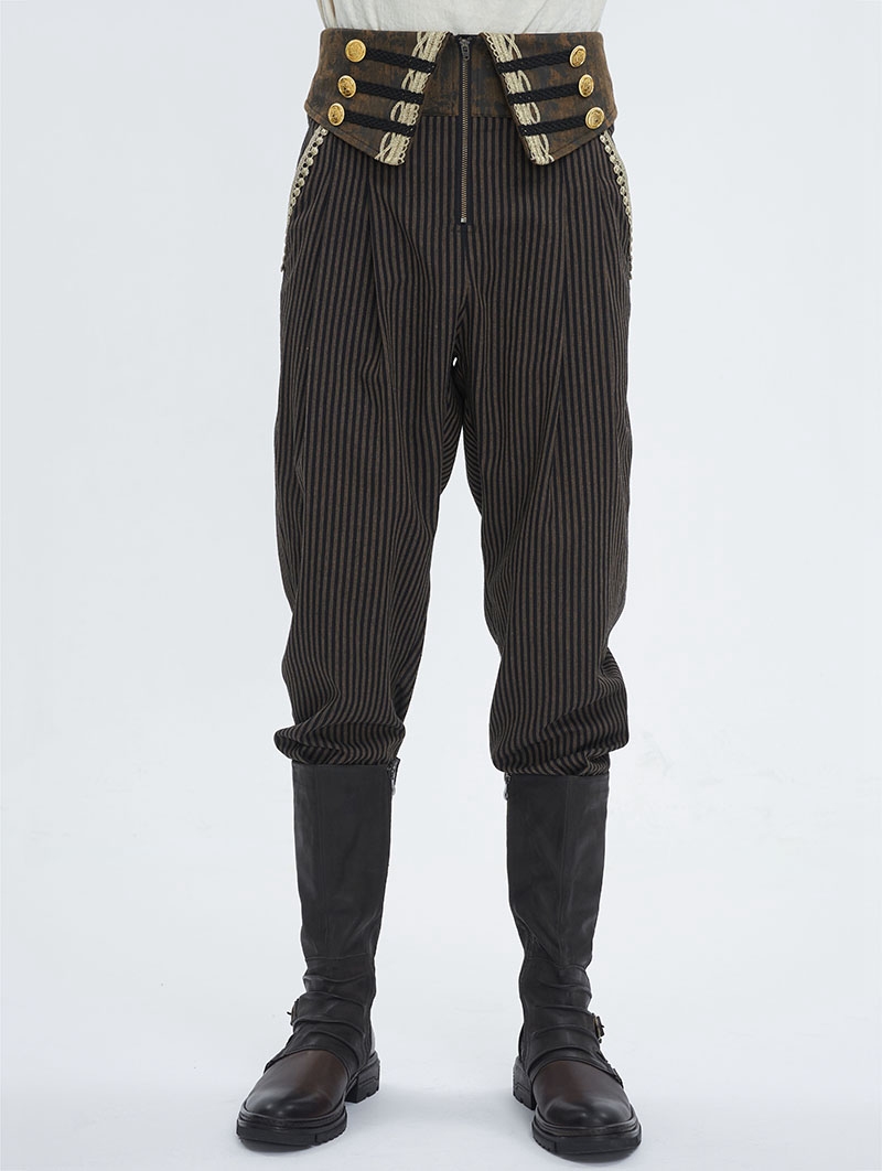 Brown Steampunk Striped Lace Up Loose Fit Trousers for Men