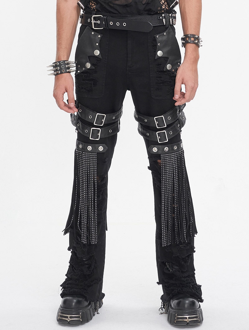 Black Gothic Punk Decadent Studded Chain Tassel Flared Pants for Men