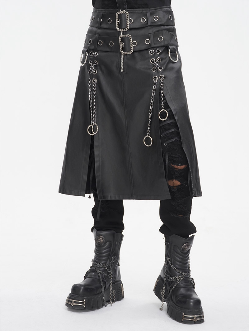 Black Gothic Punk Rock Buckled Double Slit Skirt for Men