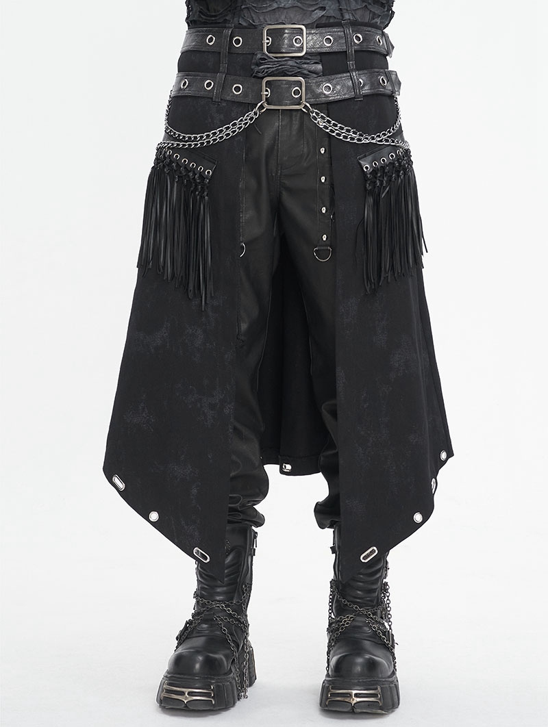 Black Gothic Punk Leather Tasseled Open Front Skirt for Men