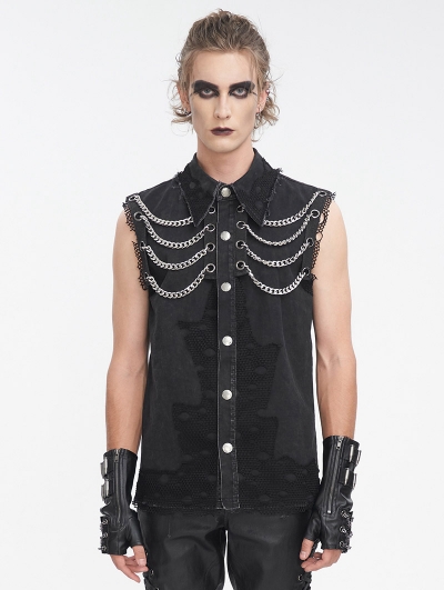 Black Gothic Punk Distressed Net Splicing Sleeveless Shirt for Men