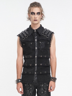 Black Gothic Punk Net Eyelet Sleeveless Shirt for Men