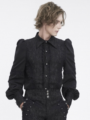 Black Retro Gothic Lace Applique Long Puff Sleeve Shirt for Men