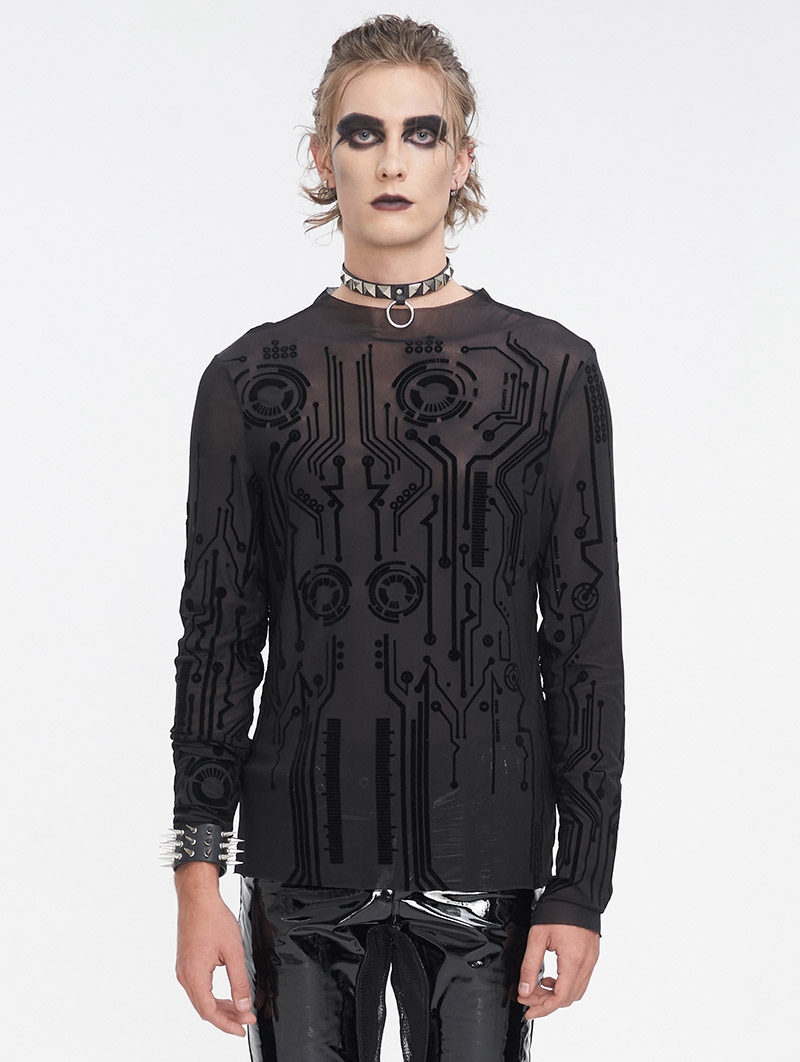 Black Gothic Cyberpunk Pattern Long Sleeve Mesh T-Shirt for Men