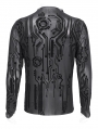 Black Gothic Cyberpunk Pattern Long Sleeve Mesh T-Shirt for Men