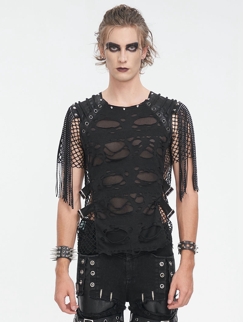 Black Gothic Punk Ripped Fishnet Short Sleeve T-Shirt for Men