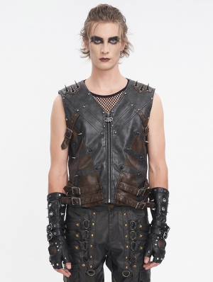 Black Gothic Punk Spiked Faux Leather Zip-Up Waistcoat for Men