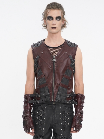 Wine Red Gothic Punk Spiked Faux Leather Zip-Up Waistcoat for Men
