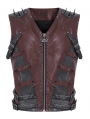 Wine Red Gothic Punk Spiked Faux Leather Zip-Up Waistcoat for Men