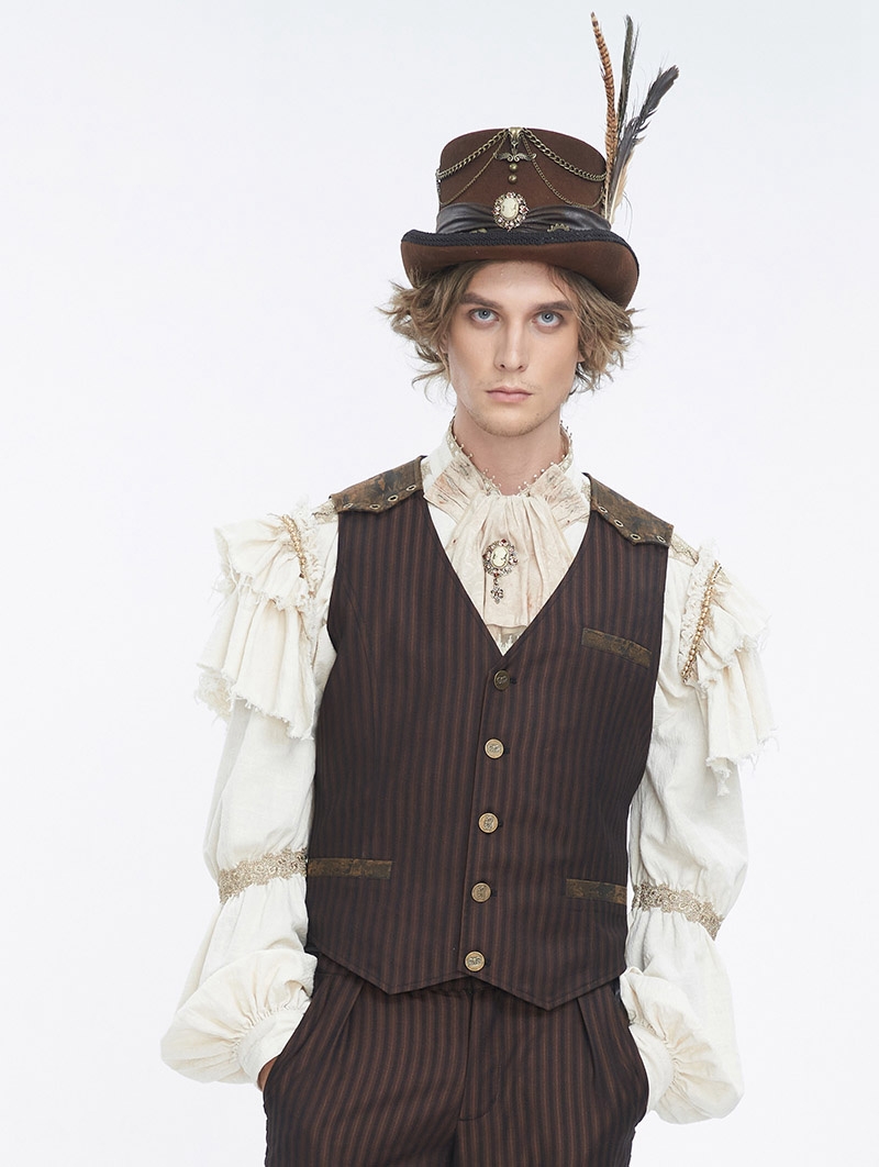 Brown Steampunk Classic Striped V-Neck Waistcoat for Men