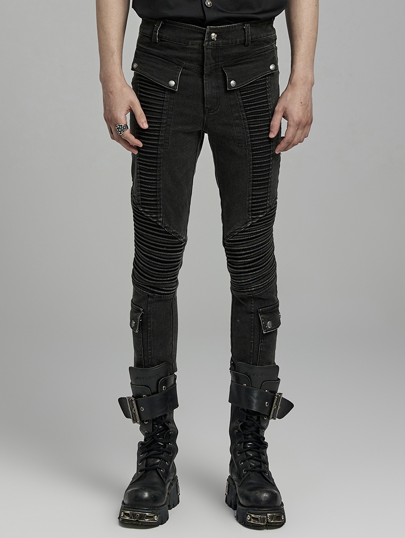 Black Gothic Punk Slim Fit Casual Denim Pants for Men