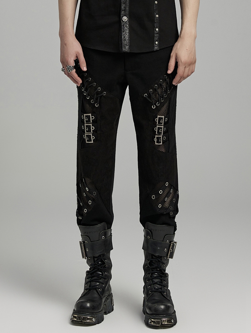 Black Gothic Punk Hollow Irregular Mesh Splicing Pants for Men