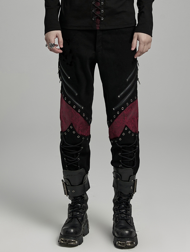 Black and Red Gothic Punk Distressed Irregular Patchwork Pants for Men