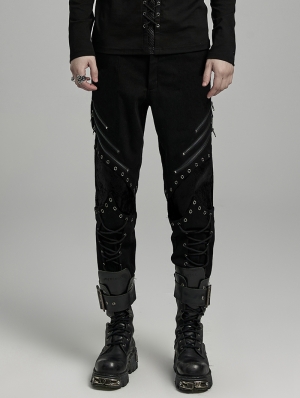Black Gothic Punk Distressed Irregular Patchwork Pants for Men