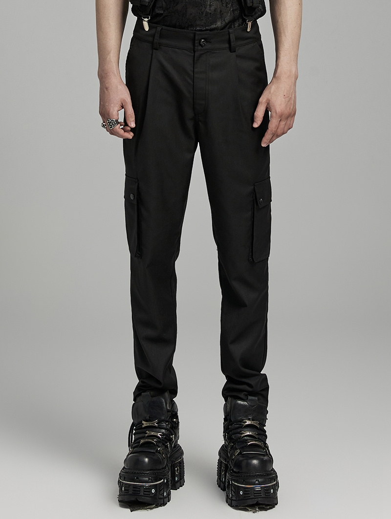 Black Gothic Punk Pockets Minimalist Cargo Pants for Men