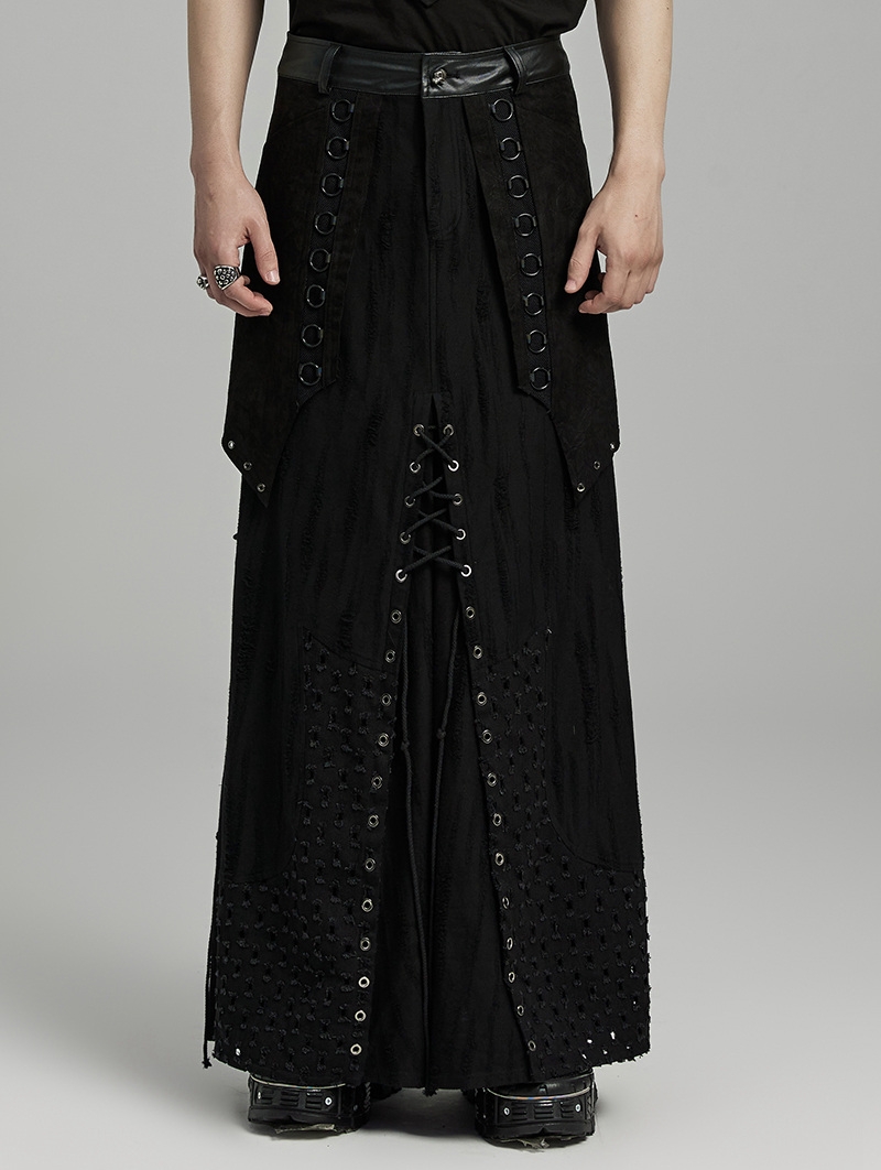 Black Gothic Punk Layered Eyelet Drawstring Long Skirt for Men