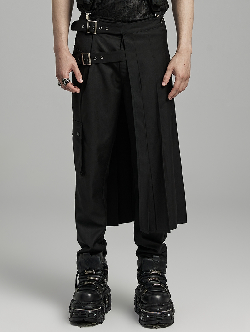 Black Gothic Punk Asymmetrical Buckle Pleated Skirt for Men