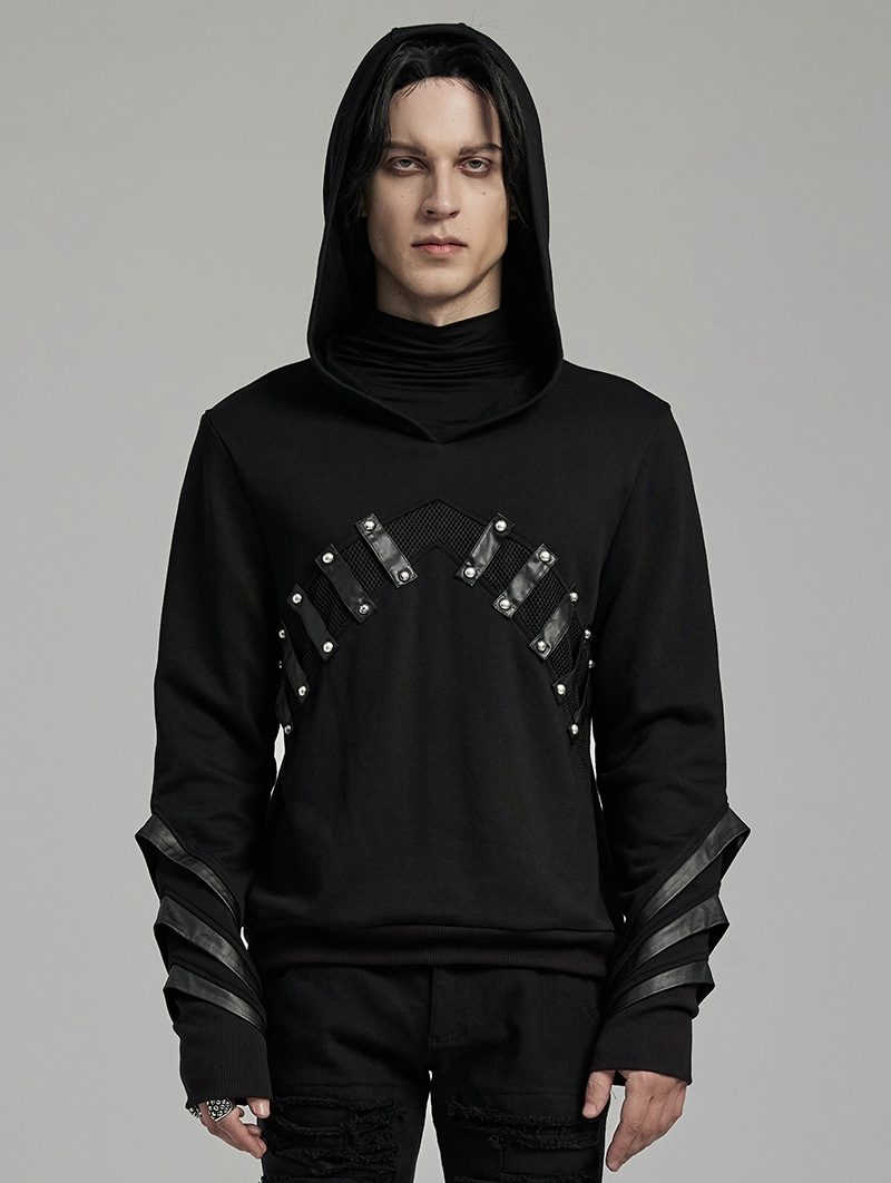 Black Gothic Punk Rivet Daily Knit Hoodie for Men