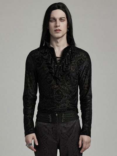 Black Gothic Retro Ruffled High Collar Pattern Velvet Shirt for Men