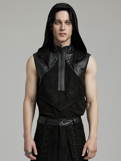 Black Gothic Punk Zipper Front Hooded Tank Top for Men