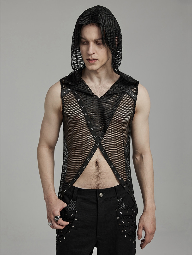 Black Gothic Punk Hooded Mesh Vest Top for Men