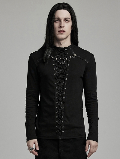 Black  Gothic Punk Mesh Splicing Long Sleeve T-Shirt for Men