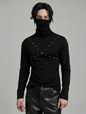 Black Gothic Punk High Collar Knitted Long Sleeve T-Shirt for Men