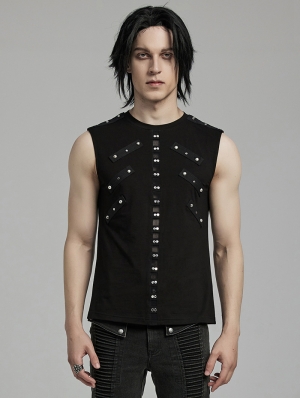 Black Gothic Punk Rivets Daily Knitted Tank Top for Men
