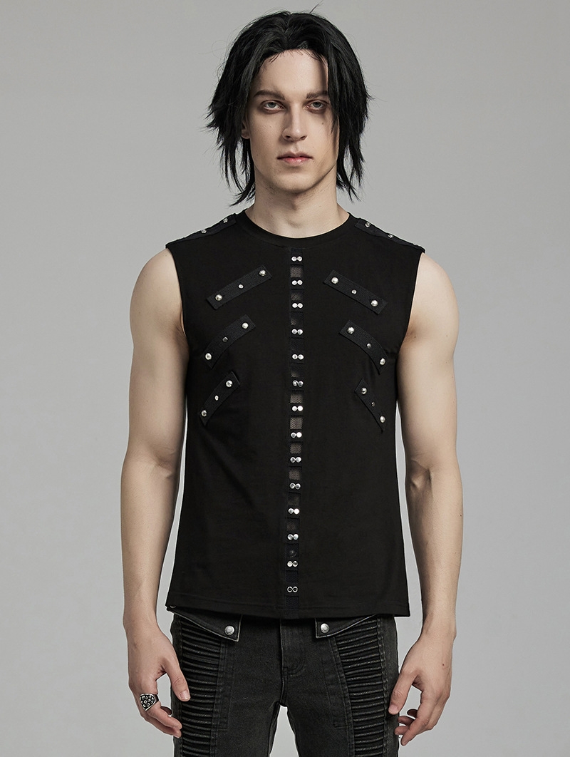 Black Gothic Punk Rivets Daily Knitted Tank Top for Men