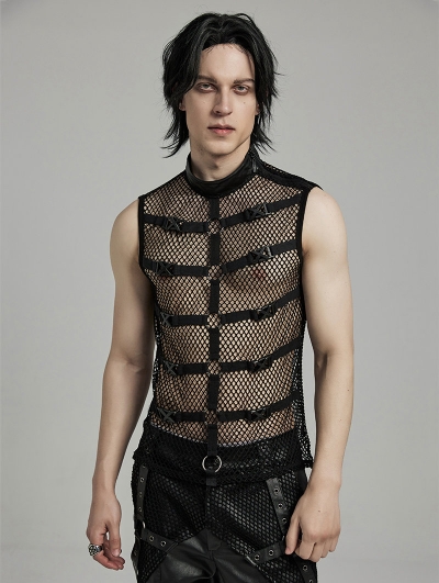 Black Gothic Punk Personalized Mesh Rings Tank Top for Men