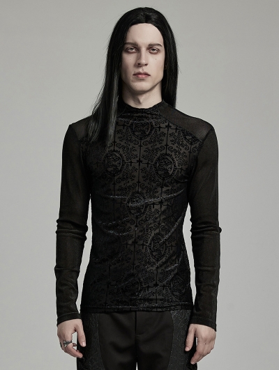 Black Vintage Gothic Flocking Pattern Mesh Long Sleeve T-Shirt for Men