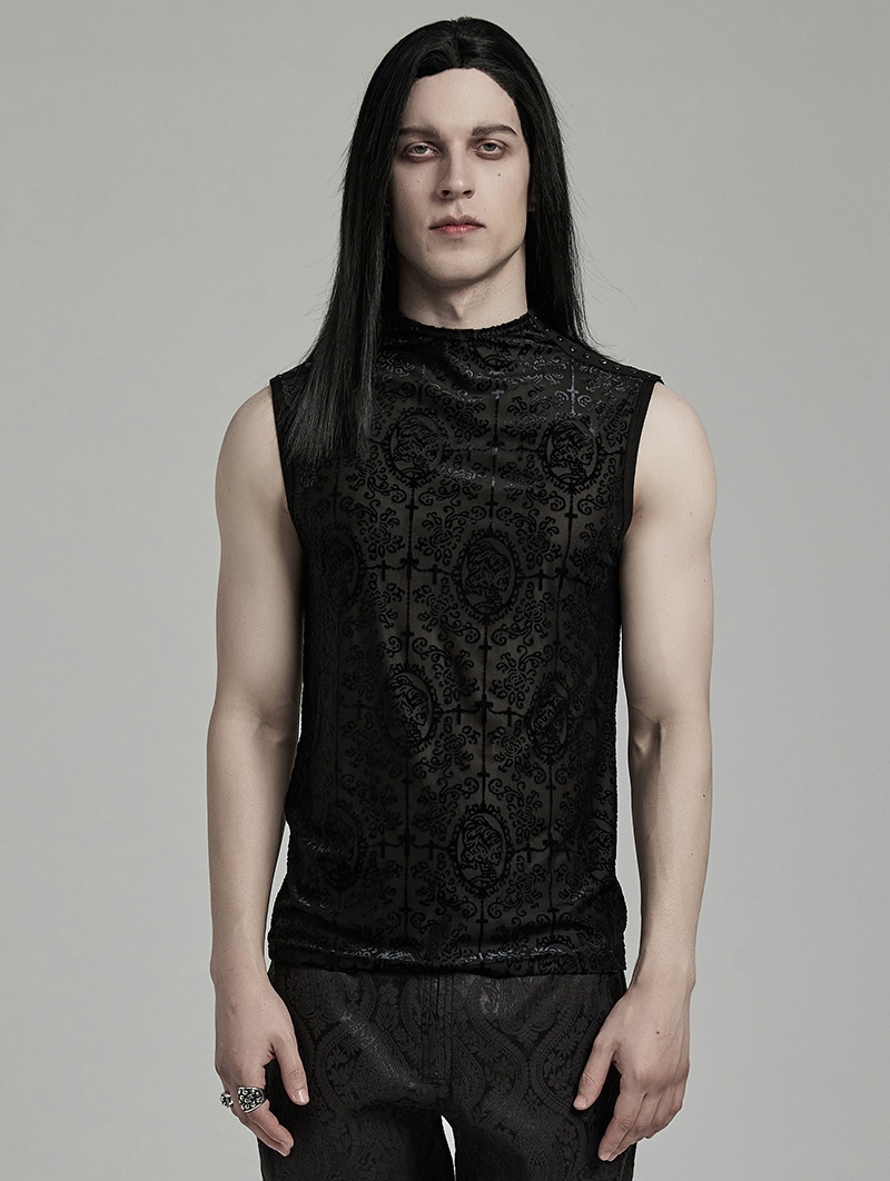 Black Vintage Gothic Flocked Mesh Pattern Tank Top for Men