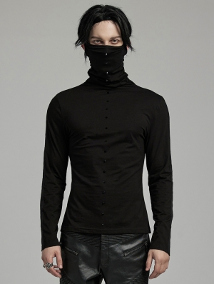 Black Gothic Punk Rivet High Collar Long Sleeve T-Shirt for Men