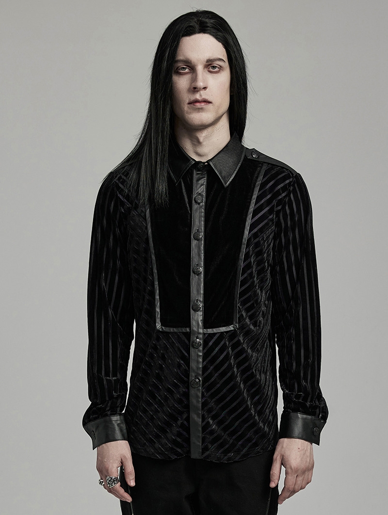 Black Gothic Striped Velvet Spliced Military Men's Fitted Shirt