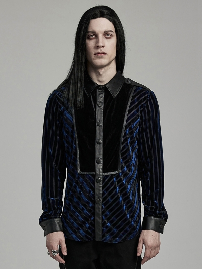 Black and Blue Gothic Striped Velvet Spliced Military Men's Fitted Shirt