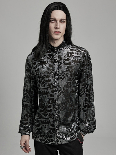 Black and Grey Vintage Gothic Velvet Floral Crown Pattern Men's Fit Shirt