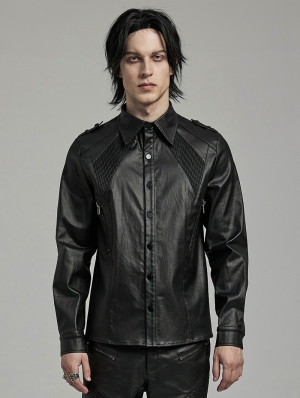 Black Gothic Punk Stylish Faux Leather Fitted Shirt for Men