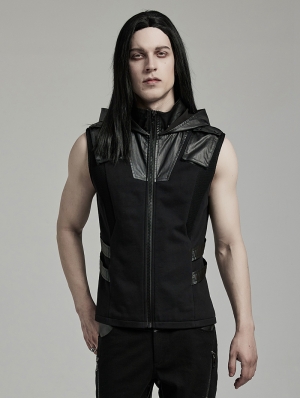 Black Gothic Punk Techwear Hooded Vest for Men