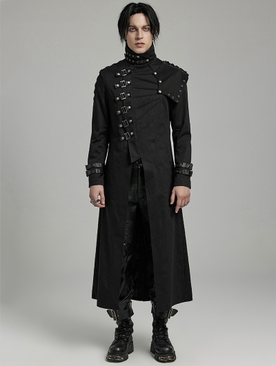 Black Gothic Punk Textured Asymmetrical Long Jacket for Men