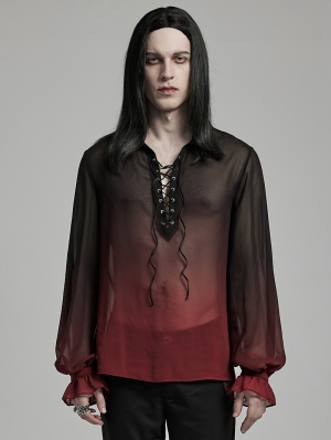 Black and Red Vintage Gothic Loose Lantern Sleeve Perspective Chiffon Shirt for Men