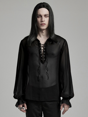 Black Gothic Vintage Loose Lantern Sleeve Perspective Chiffon Shirt for Men