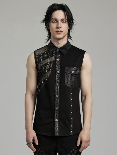 Black Gothic Punk Asymmetric Mesh Splicing Sleeveless Shirt for Men