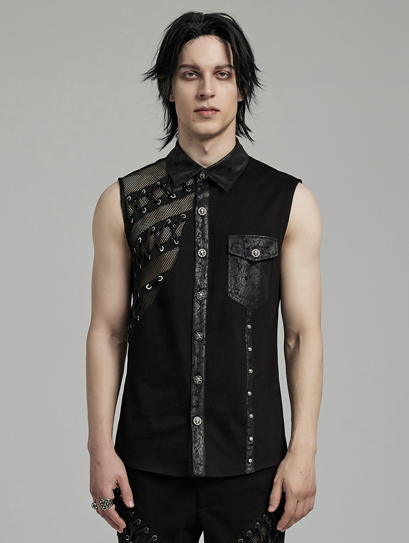 Black Gothic Punk Asymmetric Mesh Splicing Sleeveless Shirt for Men