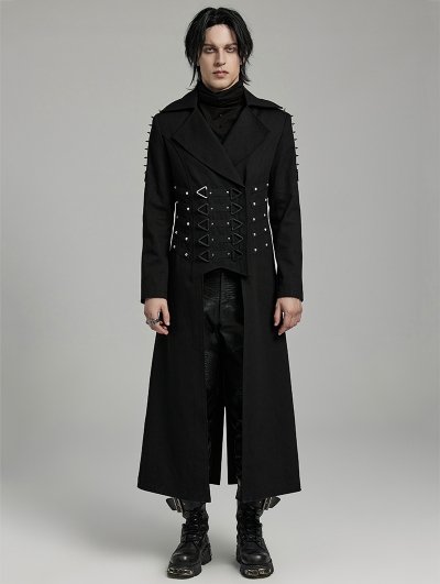 Black Gothic Punk Spike Rivet Lapel Collar Long Coat for Men