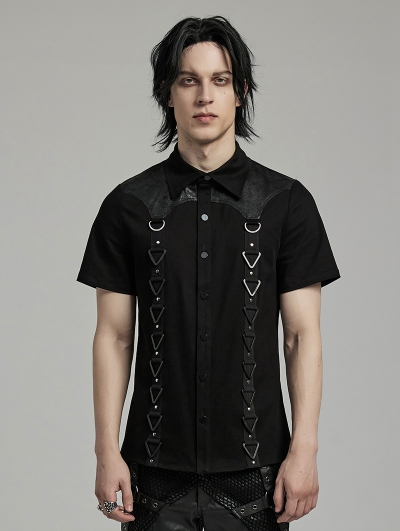 Black Gothic Punk Triangle Buckle Short Sleeve Shirt for Men