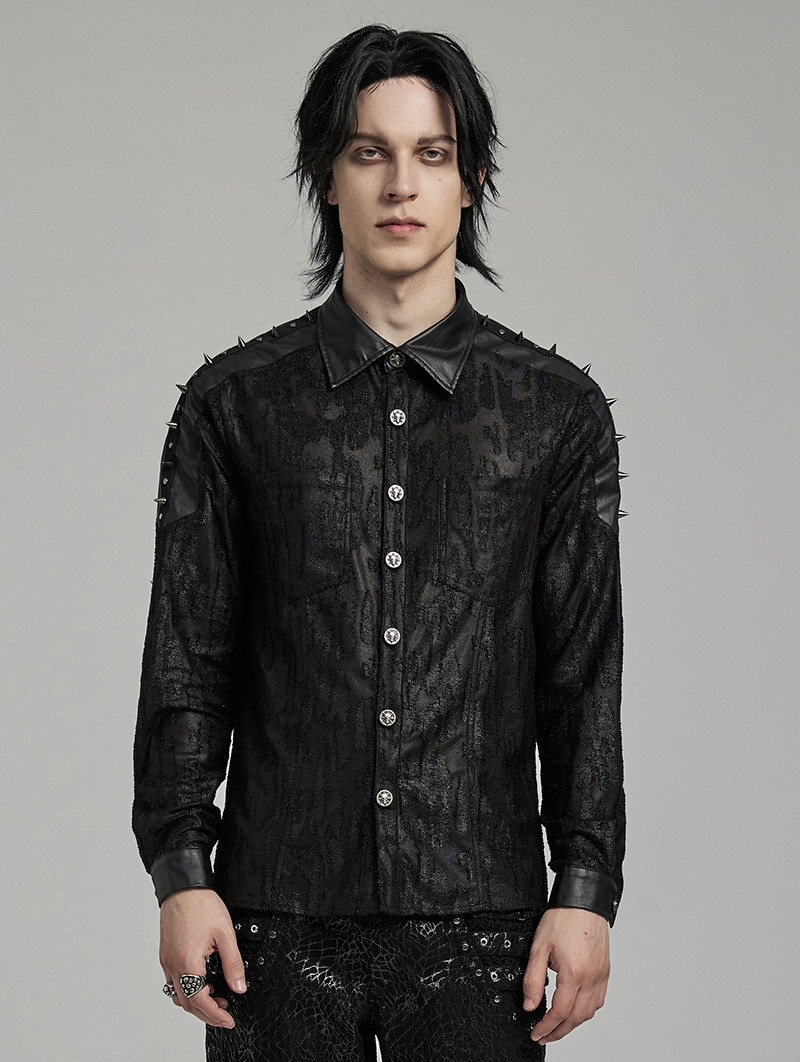 Black Gothic Punk Handsome Spiked Long Sleeve Shirt for Men