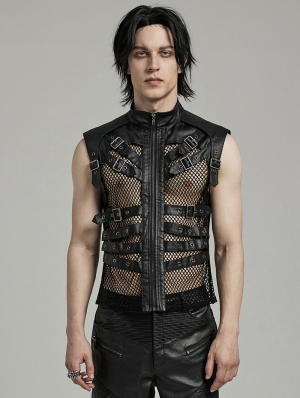 Black Gothic Punk Handsome Mesh Leather Loop Hollow Vest for Men