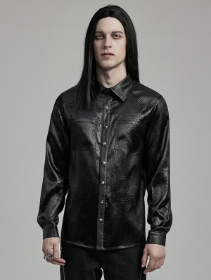 Black Gothic Daily Crack Leather Textured Fitted Men's Shirt